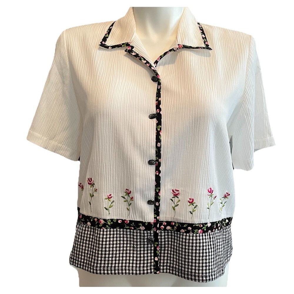 VTG Dainty Floral Embroidered Button-Down Top Women's L Gingham Cottagecore